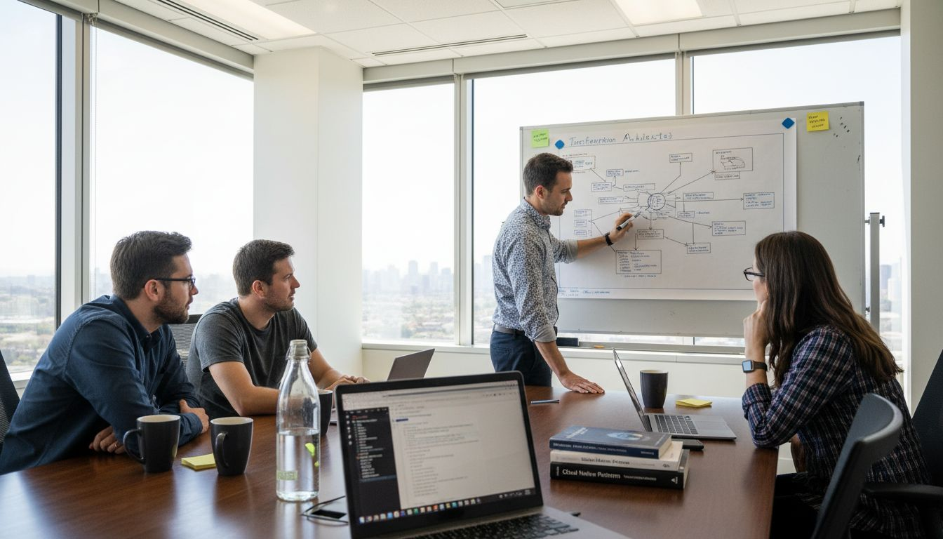 Cloud architects collaborating in real-world meeting